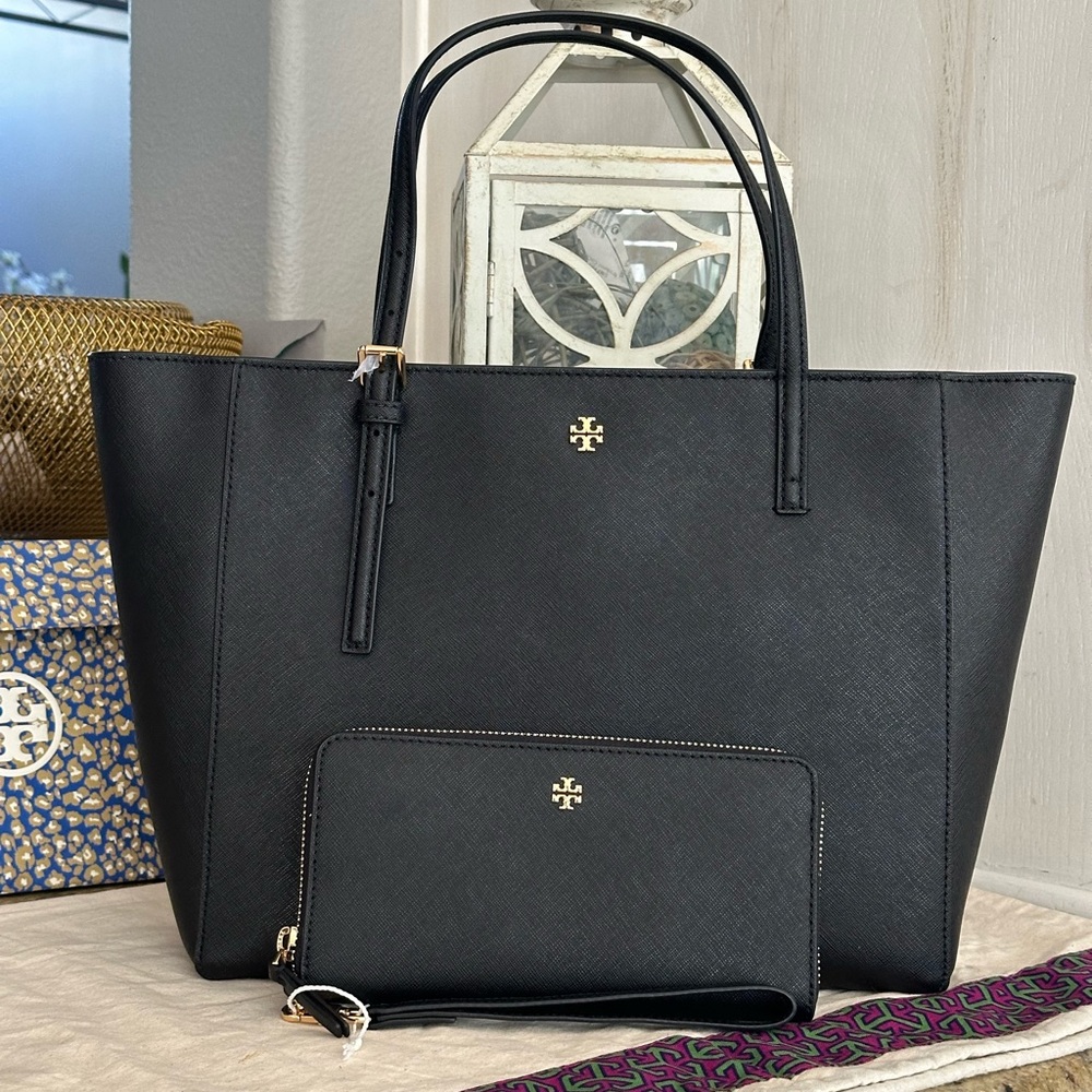 NWT🖤 tory burch emerson tote & matching TB Emerson continental wallet black - Picture 2 of 13